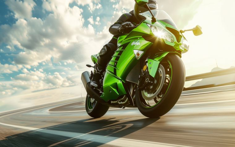 Motocicleta esportiva verde em alta velocidade